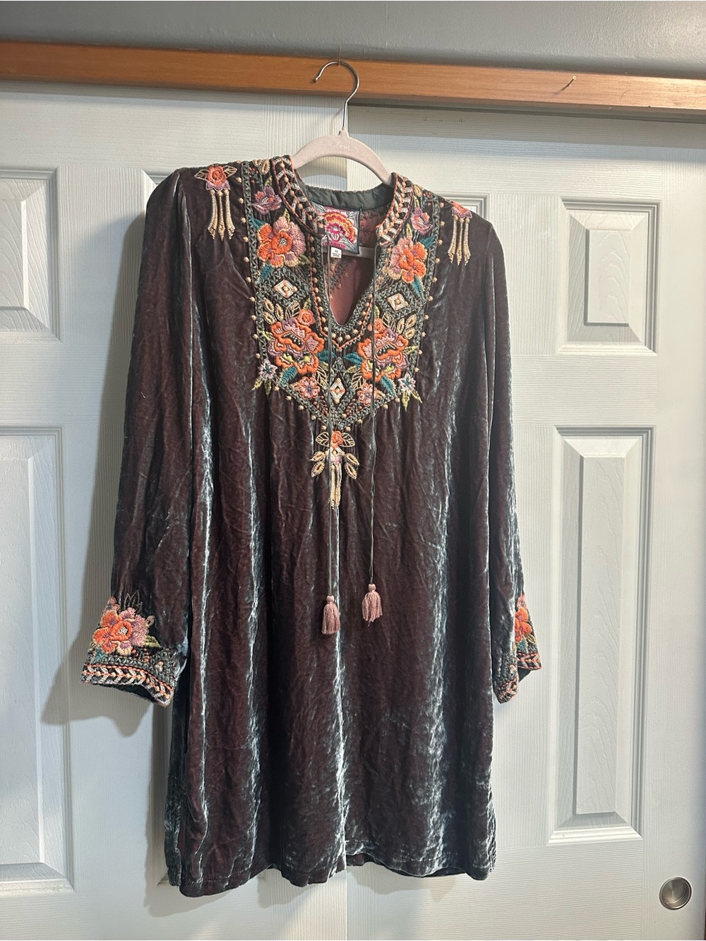 Johnny Was Chocolate Velvet Embroidered Long-Sleeve Tunic Dress